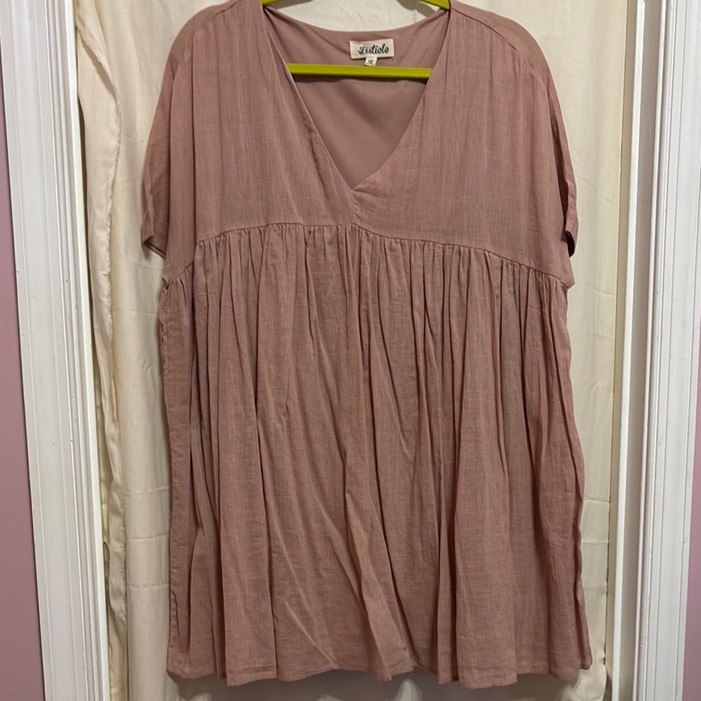 Listicle Pink Mini Dress with V-Neck and Pleated Design